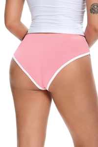 Rückansicht von pinken Sport-Shorts mit hoher Taille und weißen Paspeln im Detail