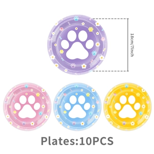 Pack of 10 colorful 7-inch dog paw print paper plates for birthday party decoration