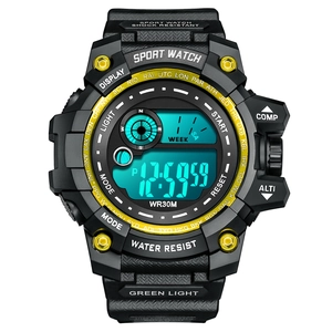 Waterproof digital sports watch with green backlight and black textured strap