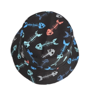 Top view detail of reversible bucket hat featuring vibrant fishbone graffiti patterns