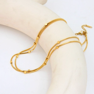 Minimalist double layer snake chain necklace with gold cube beads in 18k gold plating