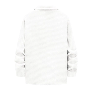 Detailed back view of white long sleeve shirt jacket featuring textured twill fabric and collar