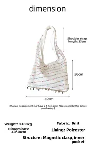 Detailed size chart of a white knitted tote bag with colorful dots and sequin fringe