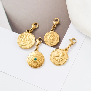 Golden vintage coin charms with lobster clasps featuring St. George and Cupid designs