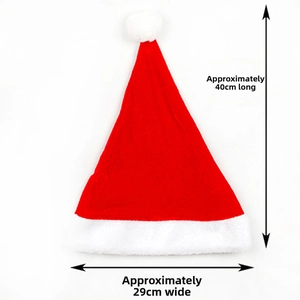 Classic red velvet Santa hat with white plush trim showing size dimensions 40cm by 29cm