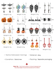 Detailed specs of Halloween earrings featuring alloy bats, ghosts, and spider webs