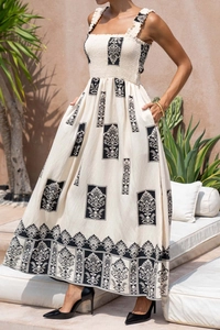 Detail of bohemian floral print dress with elastic smocked bodice and thick straps