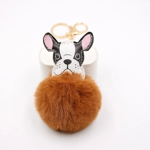 French Bulldog plush pom pom keychain with brown fur ball and gold metal clip