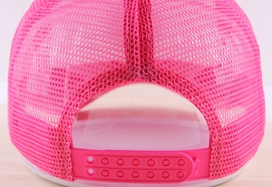 Close-up of rose red mesh trucker hat back with adjustable plastic snapback closure