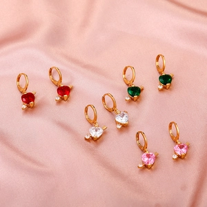 Cupid's heart earrings set in red, green, white, and pink crystals on pink satin