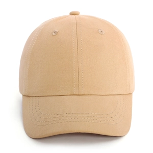 Detailed front view of a khaki cotton baseball cap featuring six-panel construction and curved brim