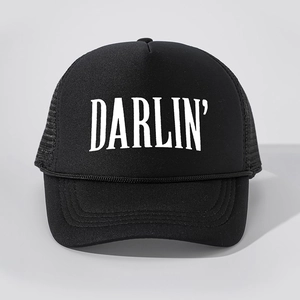 Classic black and white trucker hat with DARLIN' print and breathable mesh back