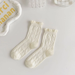 Detail of white mesh knit crew socks featuring lace ruffled cuffs and bowknot JK style