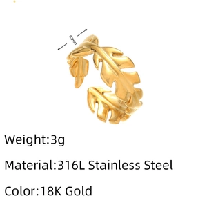 Leaf design 18K gold ring detail with 316L stainless steel material and 8.5mm width specs