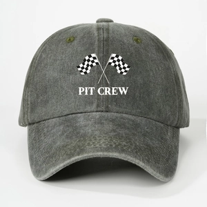 Close-up of washed dark gray cotton baseball cap with Pit Crew racing flag print