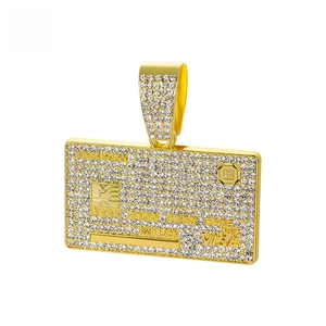 Gold plated credit card pendant necklace with iced out crystals and Cuban chain link