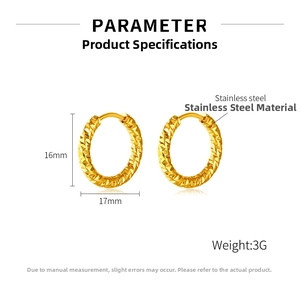 Polished 16mm gold stainless steel hoop earrings with textured diamond-cut finish