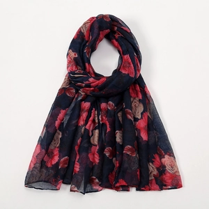 Navy blue voile scarf with red and pink floral prints for women, lightweight summer shawl