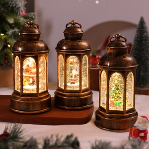 Detail showing vintage bronze Christmas lanterns with warm LED lighting and Santa scenes