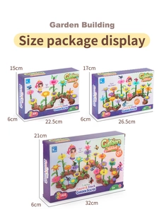 Detailed view of three flower building block sets in 54, 90, and 144 piece boxes