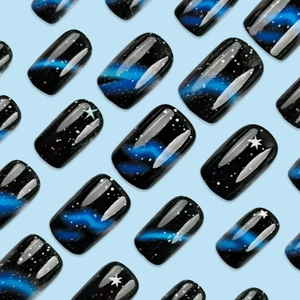24pcs black galaxy press-on nails with blue nebula design and star patterns
