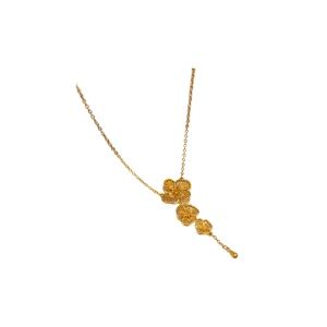 Gold plated flower tassel necklace with three tiered blossoms and teardrop pendant