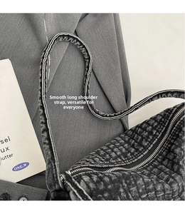 Detailed close-up of quilted washed denim fabric and silver zipper on the shoulder bag