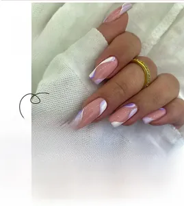 Detailed view of abstract wave patterns on purple and white press-on nails