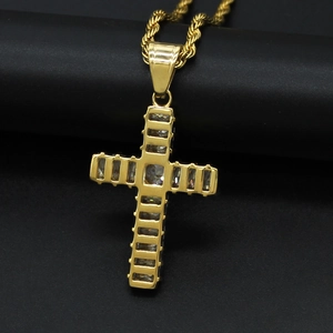 316L gold plated stainless steel cross pendant with AAA rectangular zircon stones