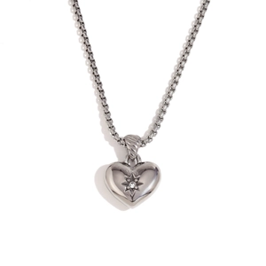 Polished silver heart pendant necklace with starburst zircon on a Venetian chain