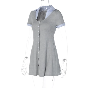 Detail of grey short sleeve dress with light blue striped contrast collar and cuffs