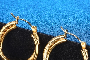 Detailed close-up of gold double hoop earrings with textured finish and secure clasp