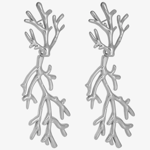 Detailed macro view of long 304 stainless steel earrings with irregular coral branch shapes