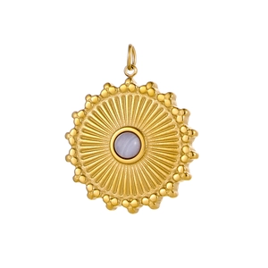 French vintage sun pendant in gold stainless steel with a blue-grey natural stone center