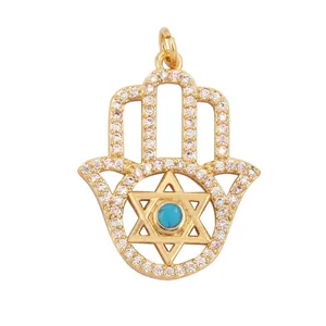 Detailed size specifications for Hamsa charm with micro-pave cubic zirconia and turquoise