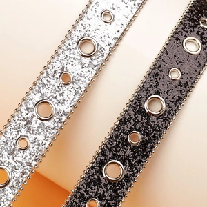 Sparkling silver and black punk style rhinestone belts with metallic studs and metal ball chains