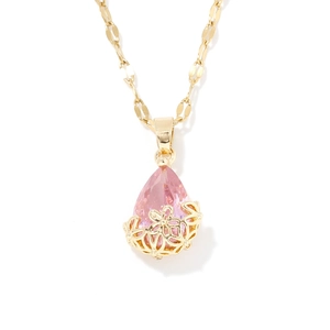 Collier doré élégant avec cristal rose en poire et pendentif floral en métal ajouré