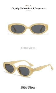 Detail view of oval cat-eye sunglasses with jelly yellow frames and grey lenses