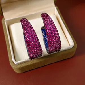 Vintage C Shape Hoop Earrings Pave Zircon Purple Blue Two Tone Copper Jewelry With Silver Earring Post Retro For Women