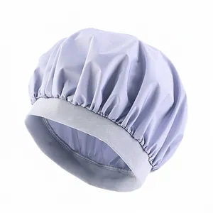 Elastic wide-band waterproof shower cap in light purple for hair care and sleeping