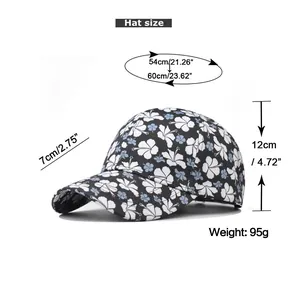 Size chart showing circumference, brim, and weight for this floral cotton baseball cap
