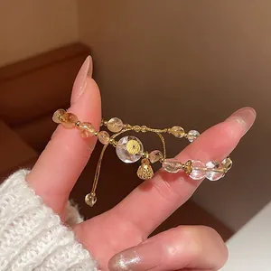 Beaded Bracelet White Crystal Light Yellow Rutilated Quartz Lotus Pod Bell Charm Adjustable Drawstring Copper Jewelry