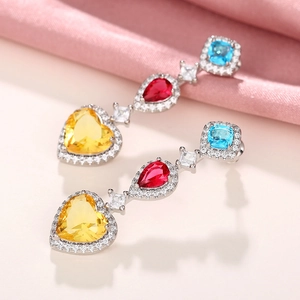 Elegant silver heart earrings with colorful zircon gems and drop geometric design