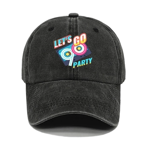 Close-up of 90s vintage cassette print on black washed cotton baseball cap texture