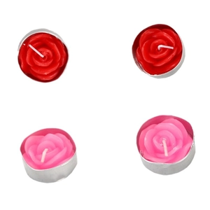 Set of red and pink rose-shaped tea light candles in silver aluminum containers