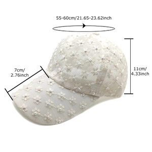 White floral lace baseball cap with iridescent rhinestones and curved sun visor