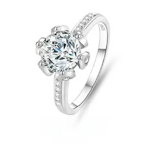 Macro view of classic six-prong S925 silver ring with 2ct round moissanite stone