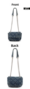 Front and back views of dark blue denim quilted shoulder bag with silver chain strap
