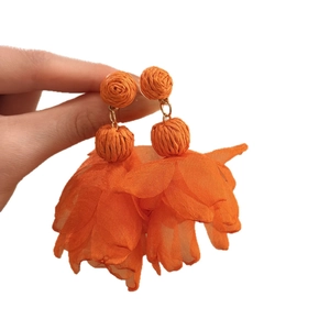 Handmade orange raffia and chiffon flower drop earrings for beach holiday
