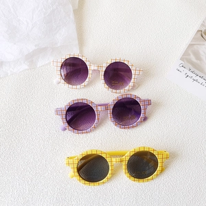 Kids round sunglasses set with UV400 protection in yellow purple and orange checkered frames